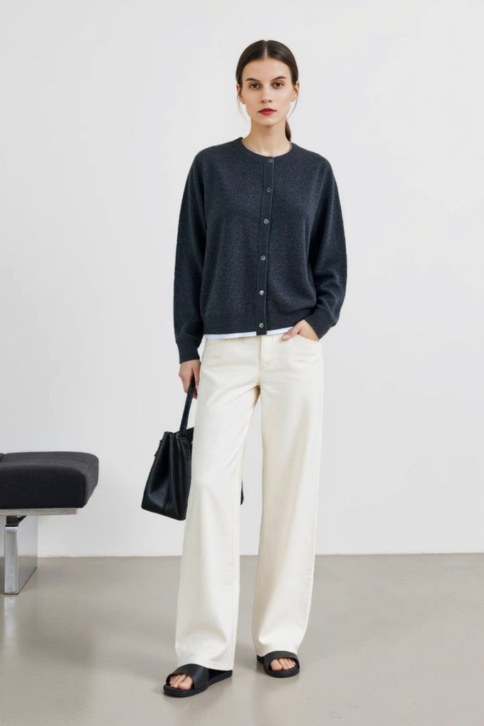 Classic Wool Crewneck Contrast-Trim Cardigan Bluish Black / M Fibflx