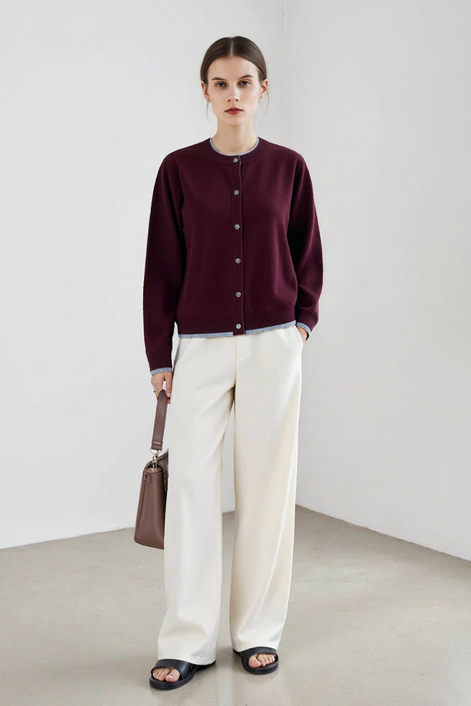 Classic Wool Crewneck Contrast-Trim Cardigan Raspberry Fuschia / M Fibflx