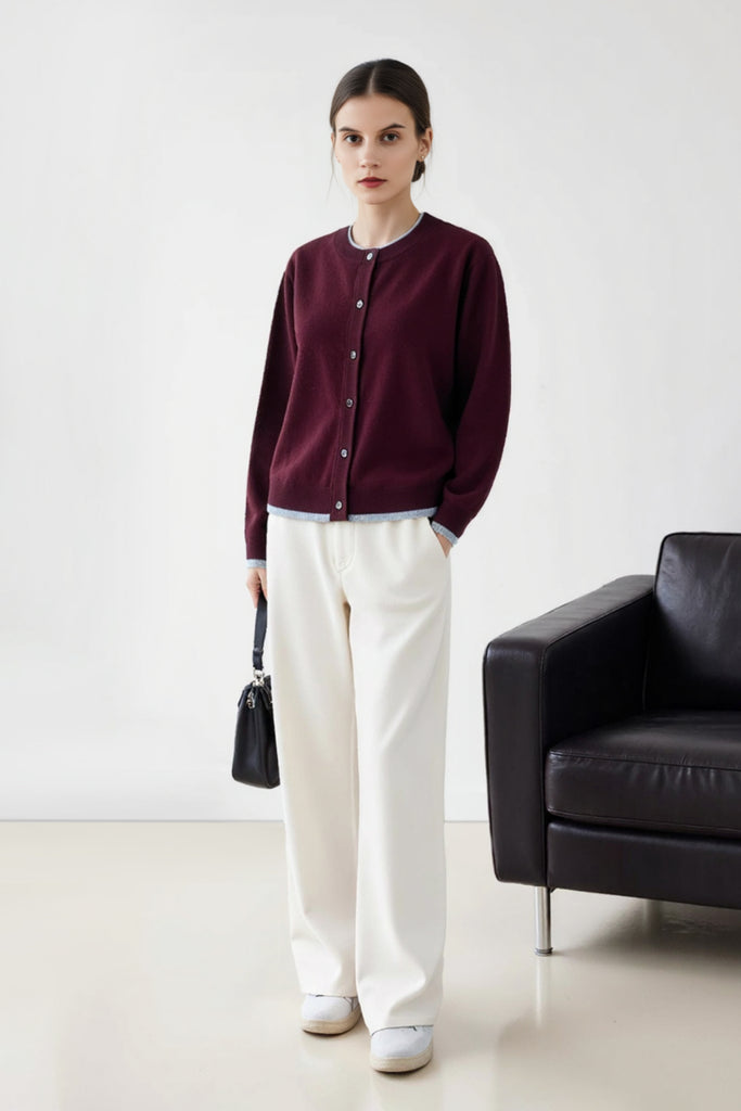Classic Wool Crewneck Contrast-Trim Cardigan  Fibflx