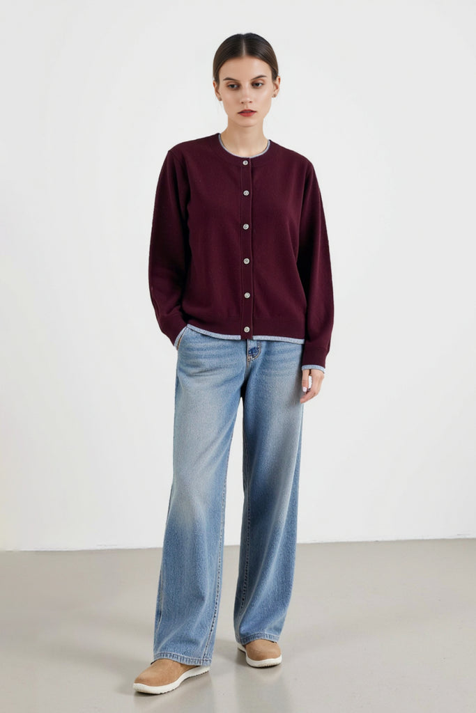 Classic Wool Crewneck Contrast-Trim Cardigan  Fibflx