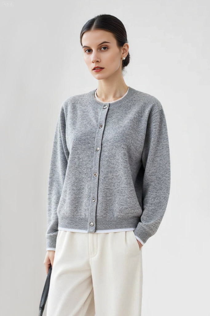 Classic Wool Crewneck Contrast-Trim Cardigan Rhinestone Grey / M Fibflx