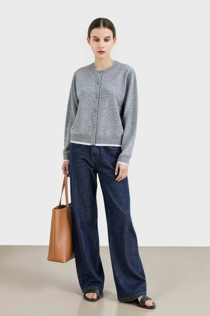 Classic Wool Crewneck Contrast-Trim Cardigan  Fibflx