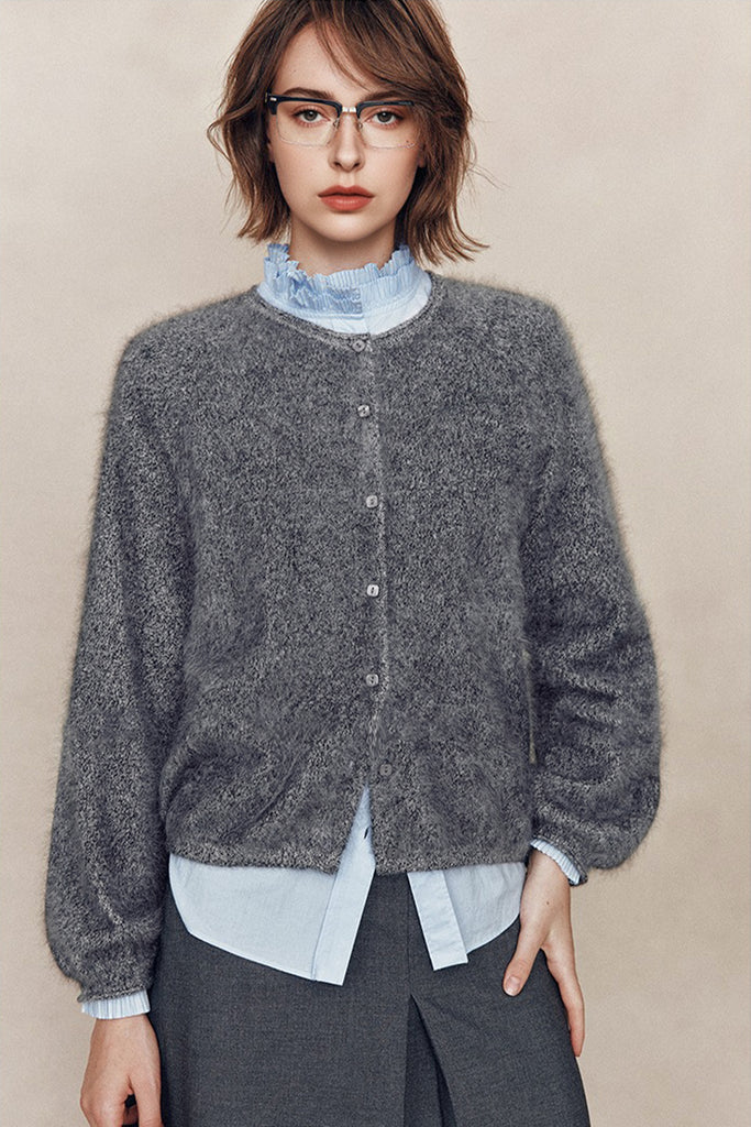Cloud-Soft Brushed Cashmere Balloon-Sleeve Cardigan  Fibflx