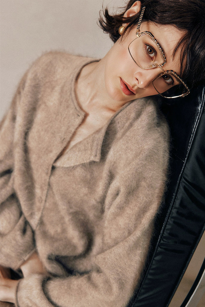 Cloud-Soft Brushed Cashmere Balloon-Sleeve Cardigan  Fibflx