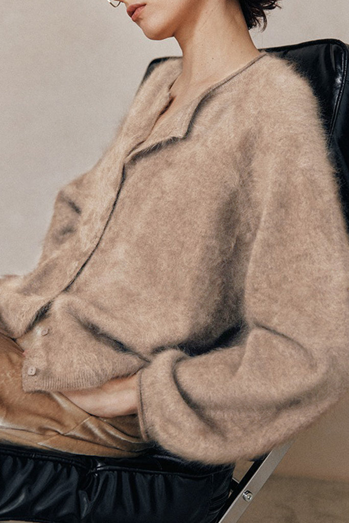 Cloud-Soft Brushed Cashmere Balloon-Sleeve Cardigan  Fibflx