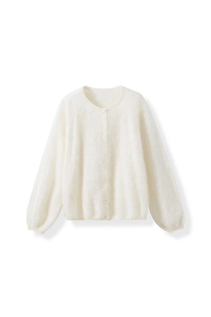 Cloud-Soft Brushed Cashmere Balloon-Sleeve Cardigan  Fibflx