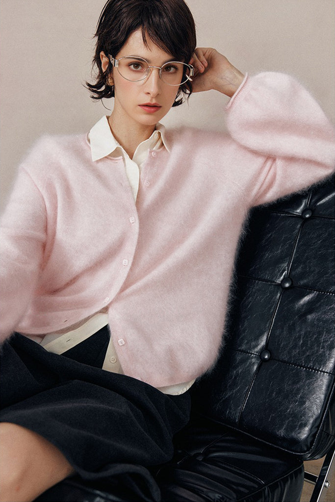 Cloud-Soft Brushed Cashmere Balloon-Sleeve Cardigan  Fibflx