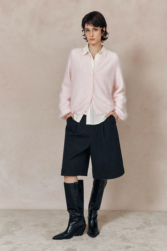 Cloud-Soft Brushed Cashmere Balloon-Sleeve Cardigan  Fibflx