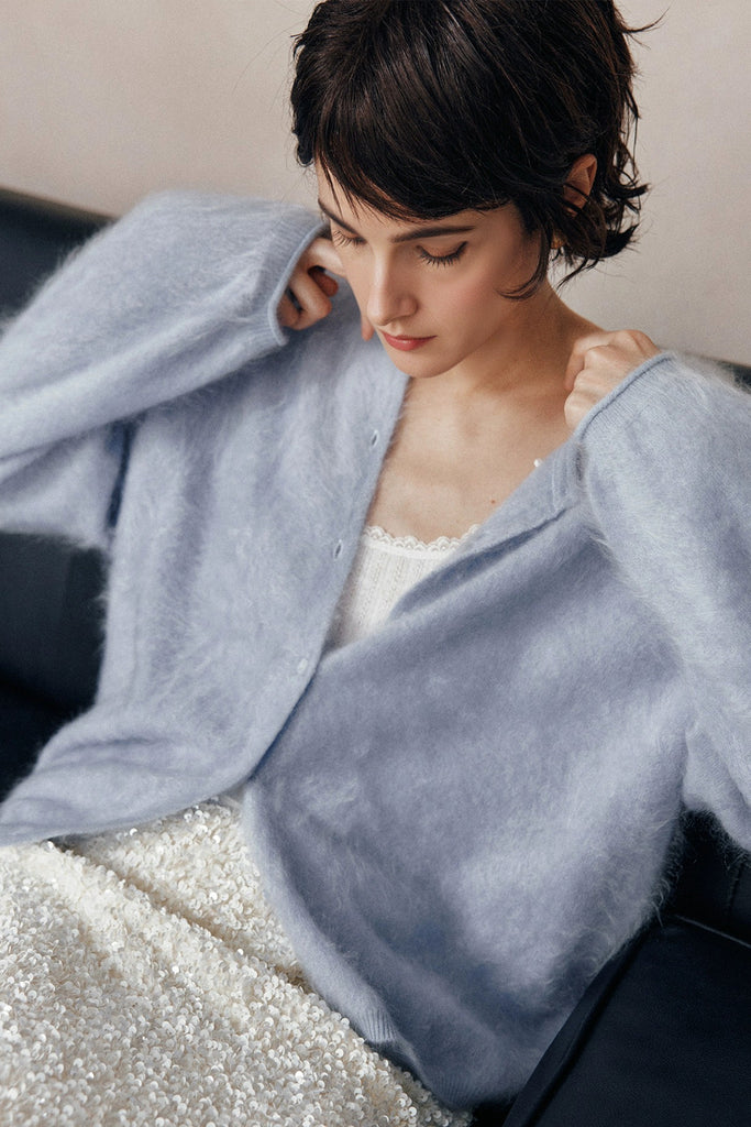 Cloud-Soft Brushed Cashmere Balloon-Sleeve Cardigan  Fibflx