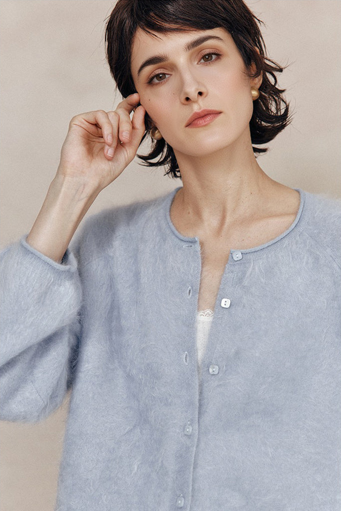 Cloud-Soft Brushed Cashmere Balloon-Sleeve Cardigan  Fibflx