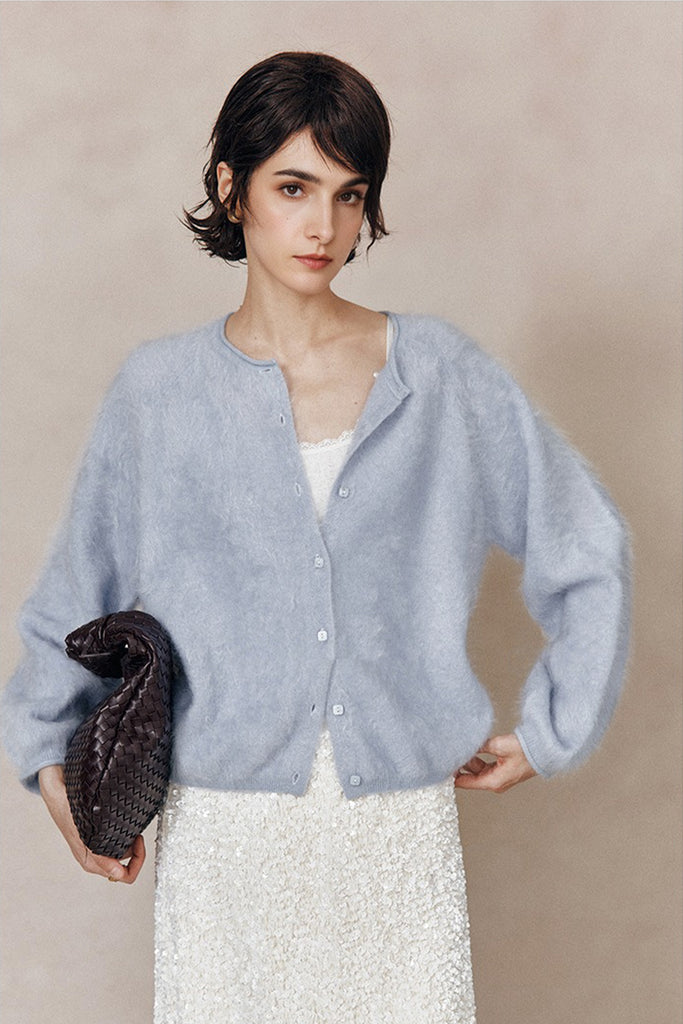 Cloud-Soft Brushed Cashmere Balloon-Sleeve Cardigan  Fibflx