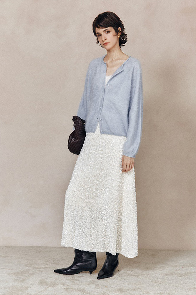 Cloud-Soft Brushed Cashmere Balloon-Sleeve Cardigan  Fibflx