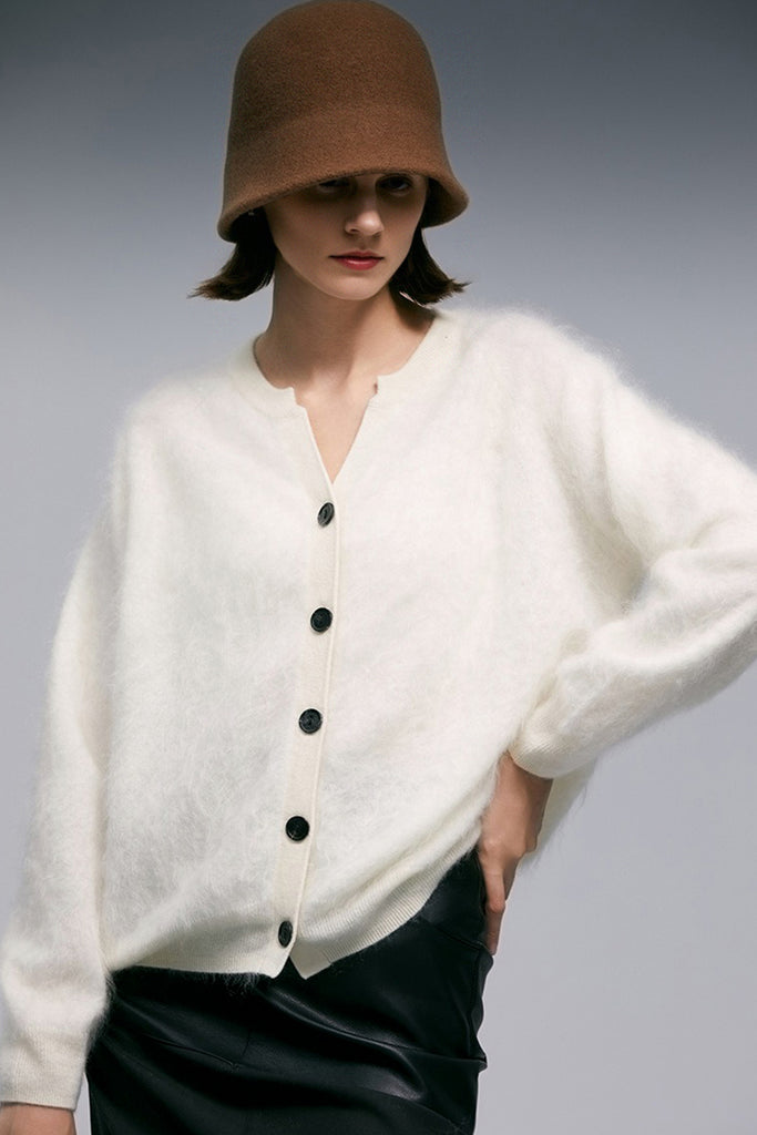 Cloud-Soft Brushed Cashmere Crewnck Cardigan - Fibflx