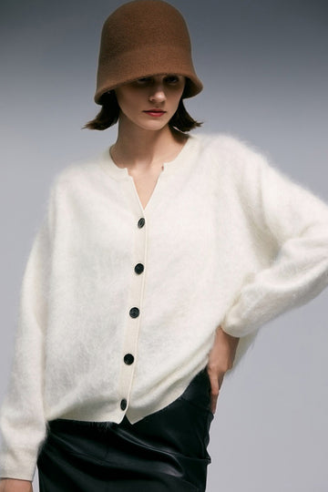 Cloud-Soft Brushed Cashmere Crewnck Cardigan - Fibflx
