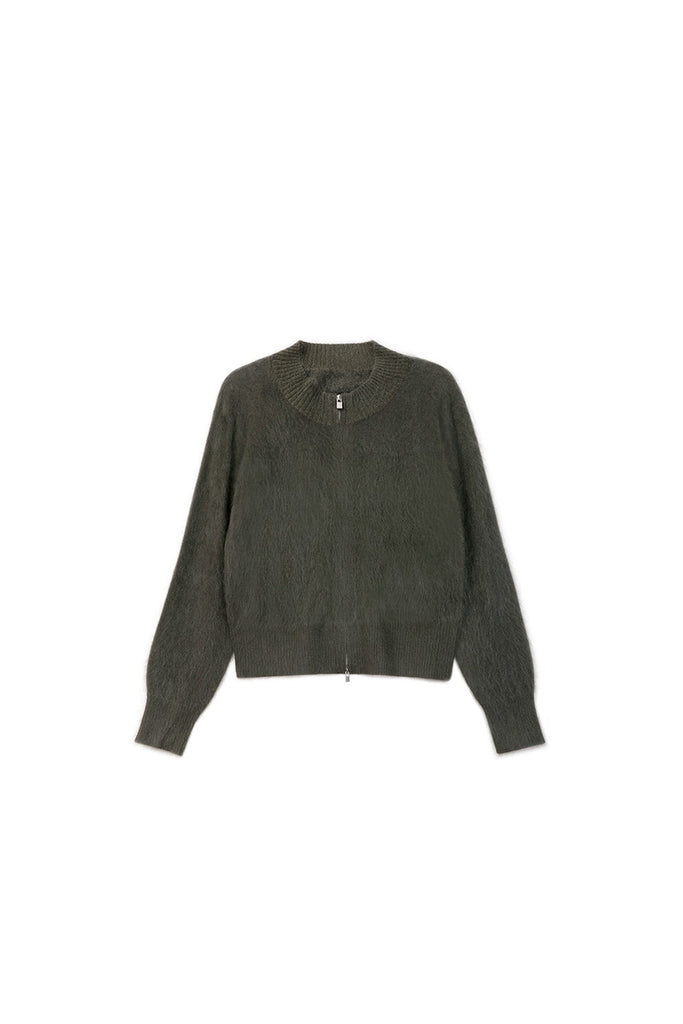 Cloud Soft Brushed Cashmere Double-Zip Cardigan Dark Tea Green / M / 100% Cashmere (Weight: 341g ( Fibflx