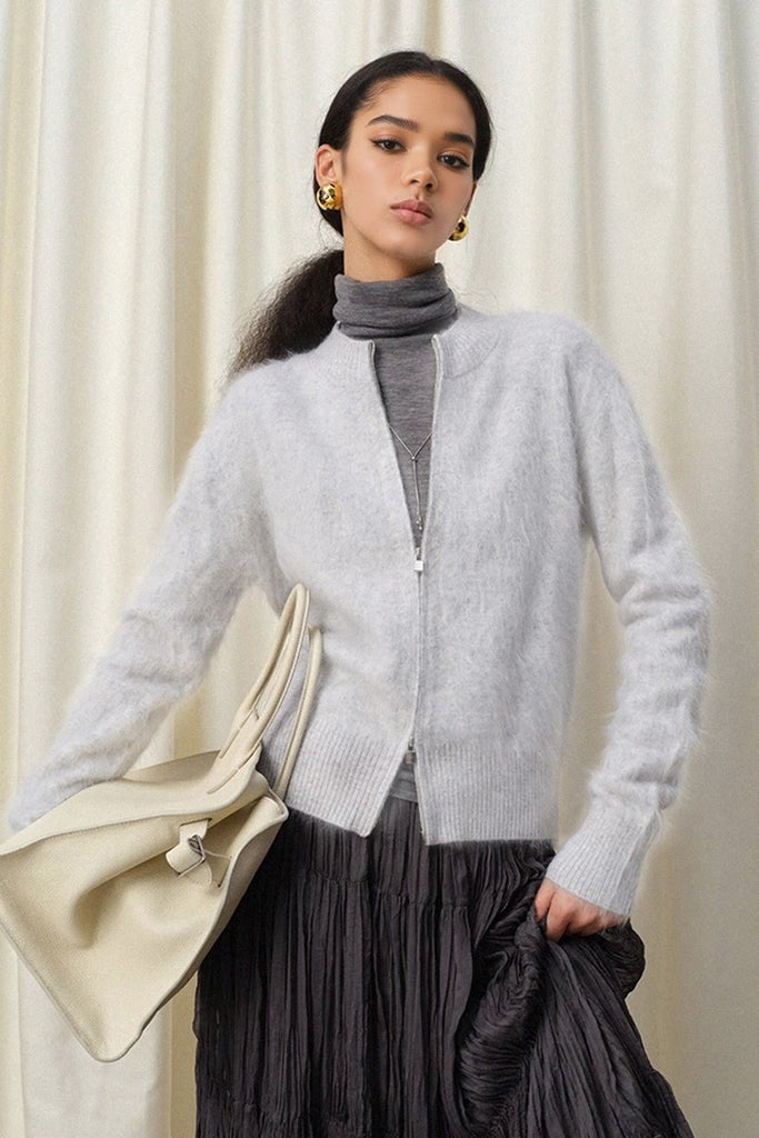 Cloud Soft Brushed Cashmere Double-Zip Cardigan Rhinestone Grey / M / 100% Cashmere (Weight: 341g  Fibflx