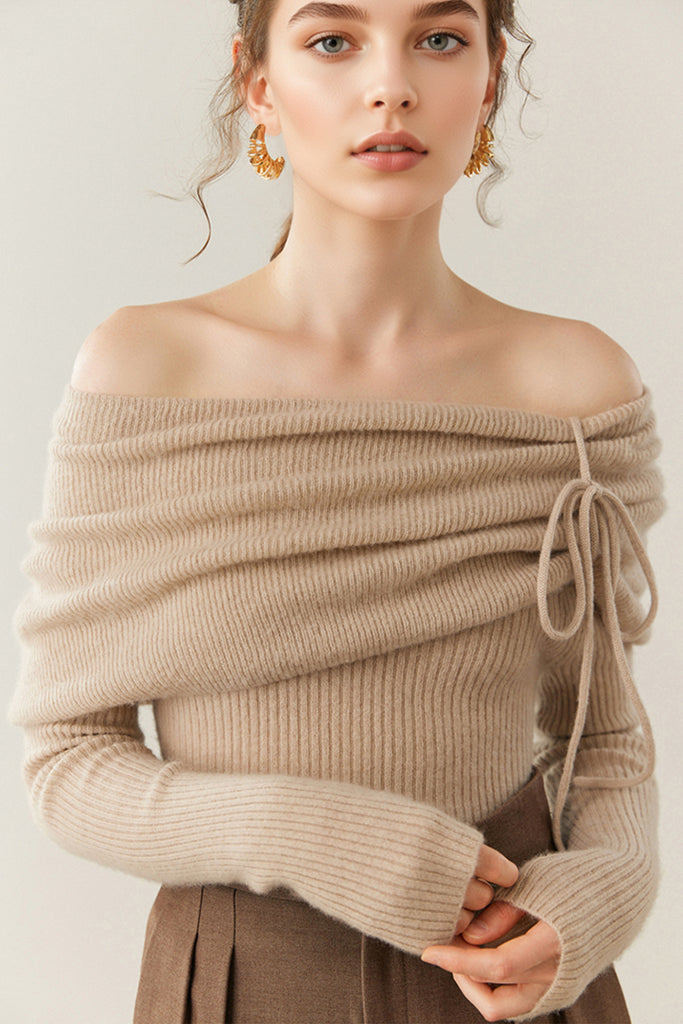 Cloud-Soft Cashmere Off-The-Shoulder Sweater Oak Beige / M Fibflx