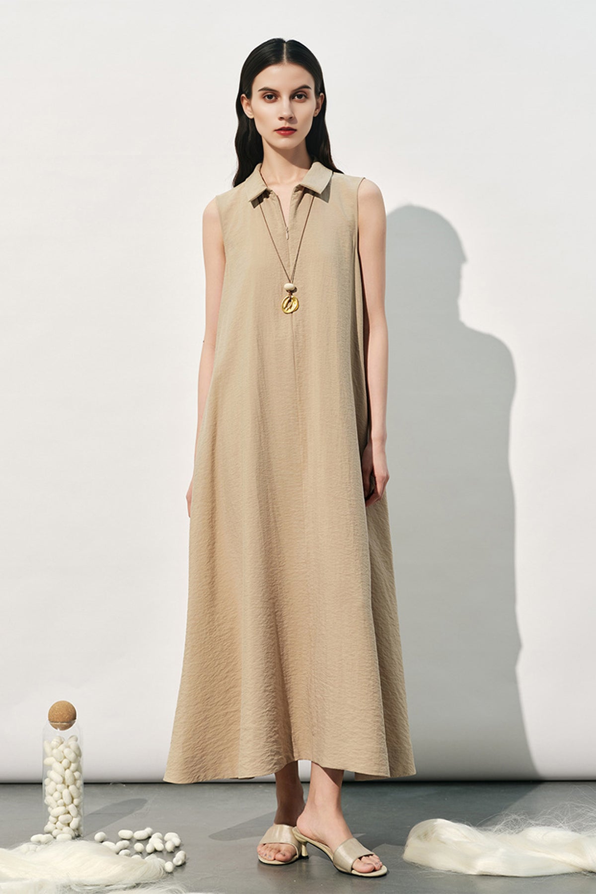 collared a line dress Sleeveless Silk Maxi with Gathered Back Waist Mellow Yellow / M Women's Summer 3/4 Enco VIEW ALL MENS NEW ARRIVALS Line Dress in White Color:Royal Blue/Nude