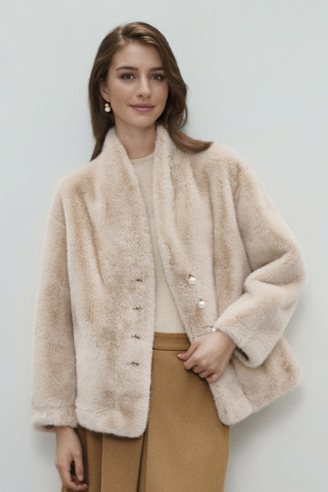 Fibflx Women's Collarless Faux Mink Fur Jacket