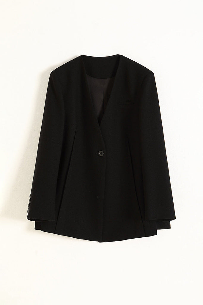Collarless One-Button V-Neck Wool Blazer Fibflx