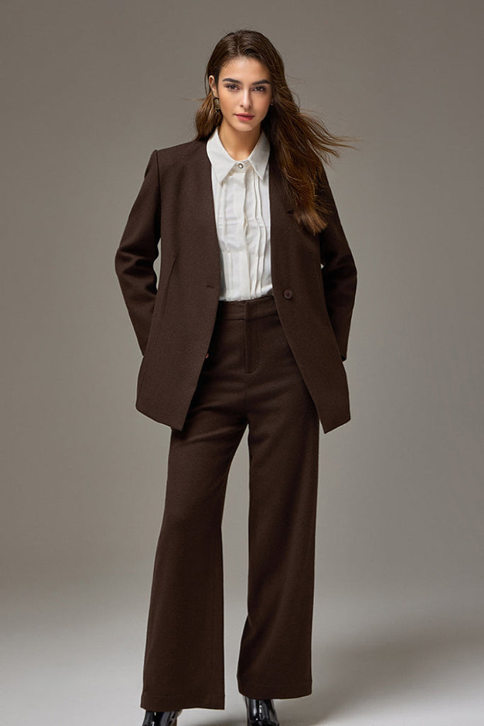 Collarless One-Button V-Neck Wool Blazer Fibflx