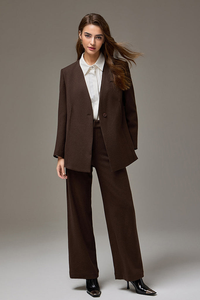 Collarless One-Button V-Neck Wool Blazer Fibflx