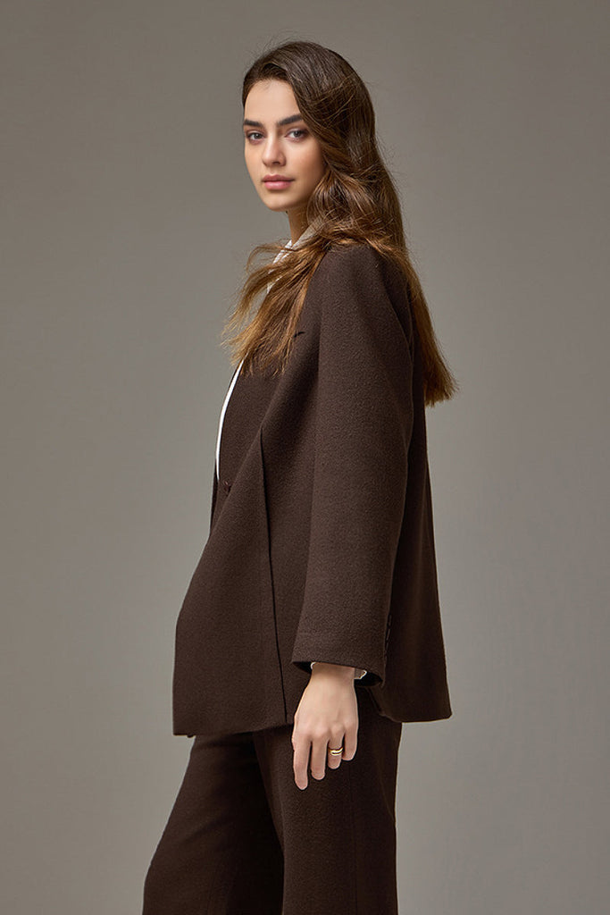 Collarless One-Button V-Neck Wool Blazer Fibflx