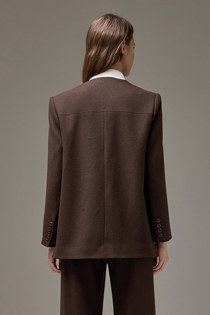 Collarless One-Button V-Neck Wool Blazer Fibflx