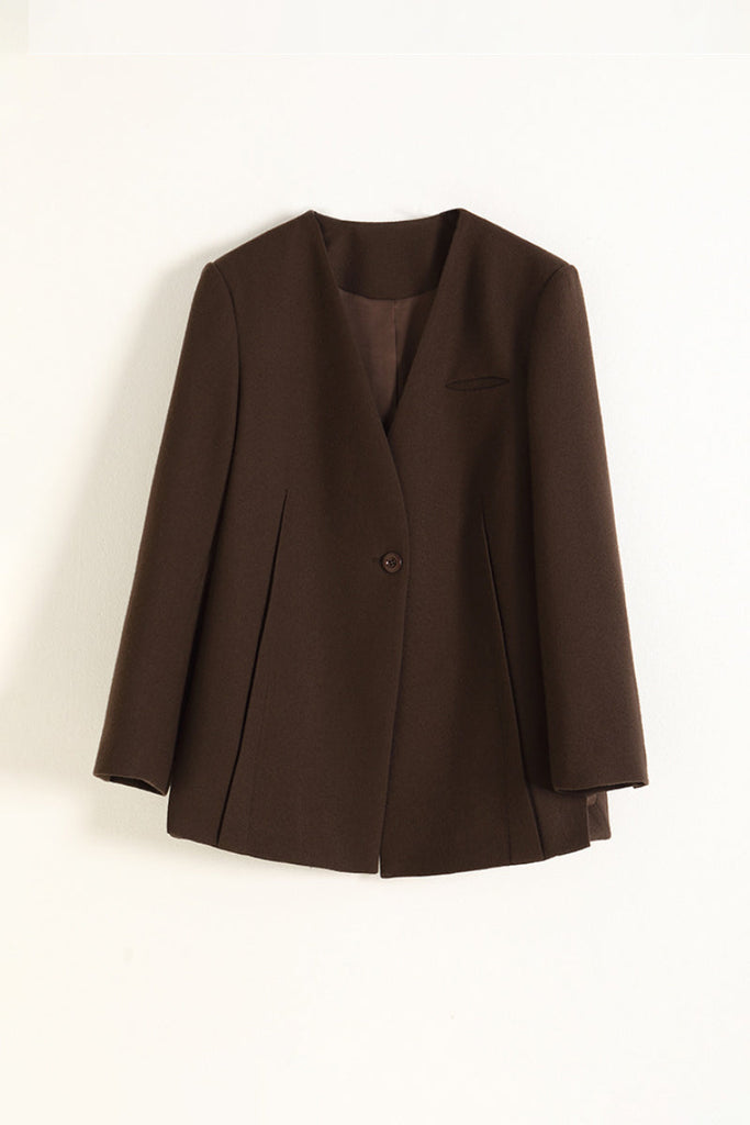 Collarless One-Button V-Neck Wool Blazer Fibflx