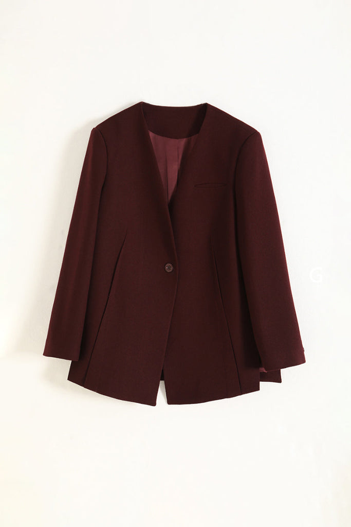 Collarless One-Button V-Neck Wool Blazer Fibflx