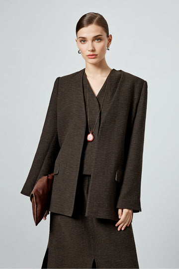 Collarless Oversized Cotton-Linen Open-Front Blazer Dark Brown / L Fibflx