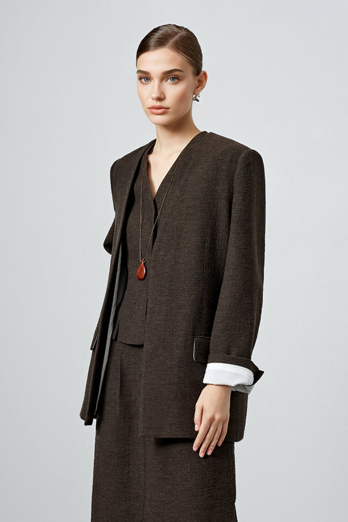 Collarless Oversized Cotton-Linen Open-Front Blazer  Fibflx