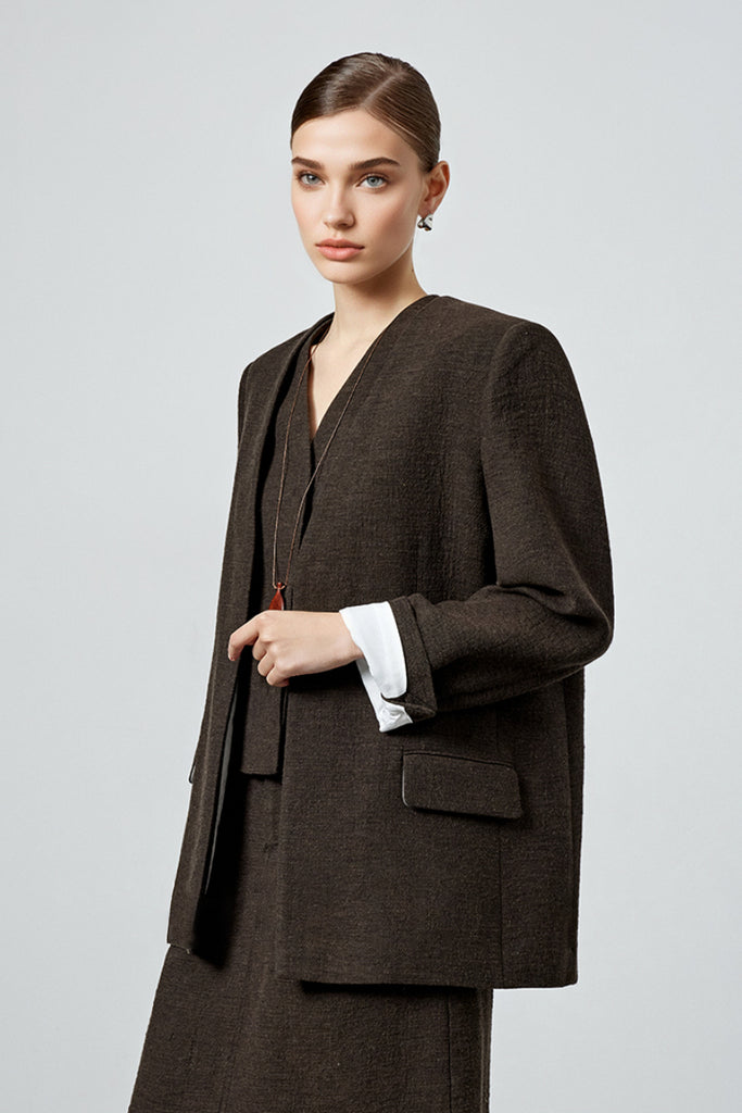 Collarless Oversized Cotton-Linen Open-Front Blazer  Fibflx