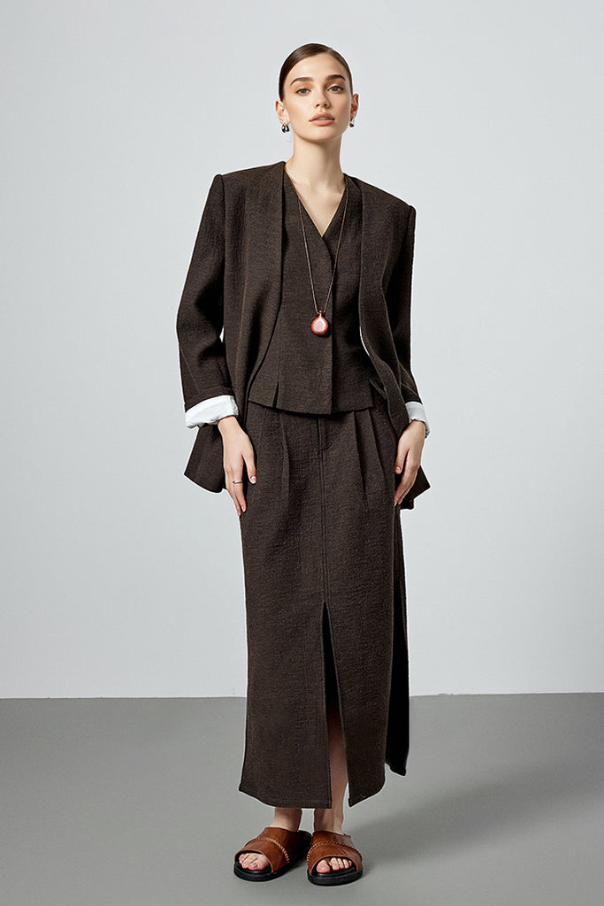 Collarless Oversized Cotton-Linen Open-Front Blazer  Fibflx