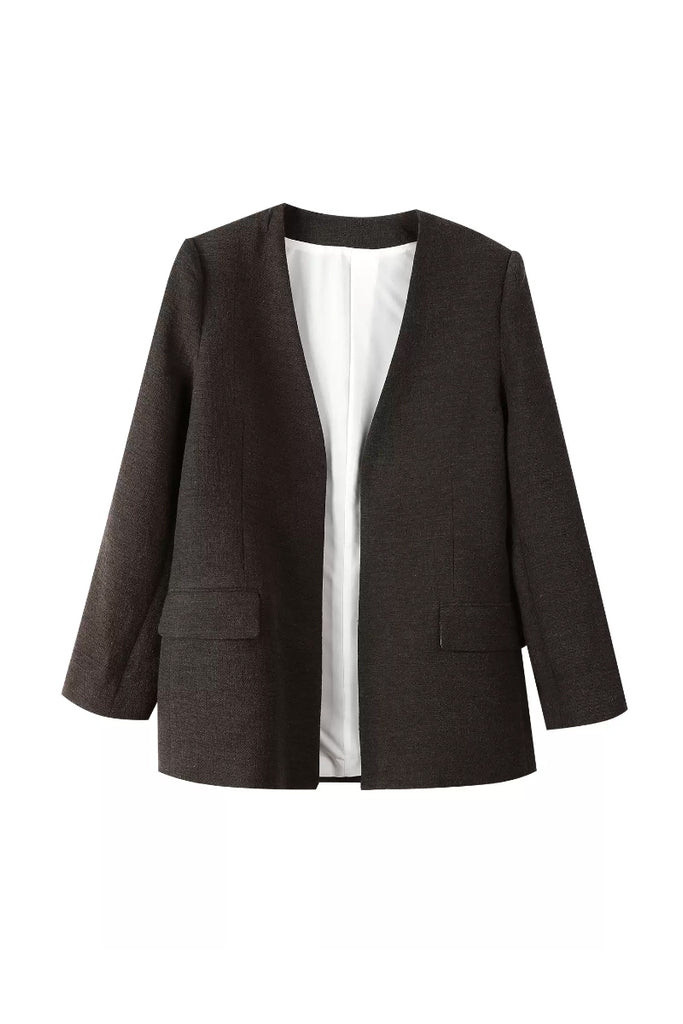 Collarless Oversized Cotton-Linen Open-Front Blazer  Fibflx