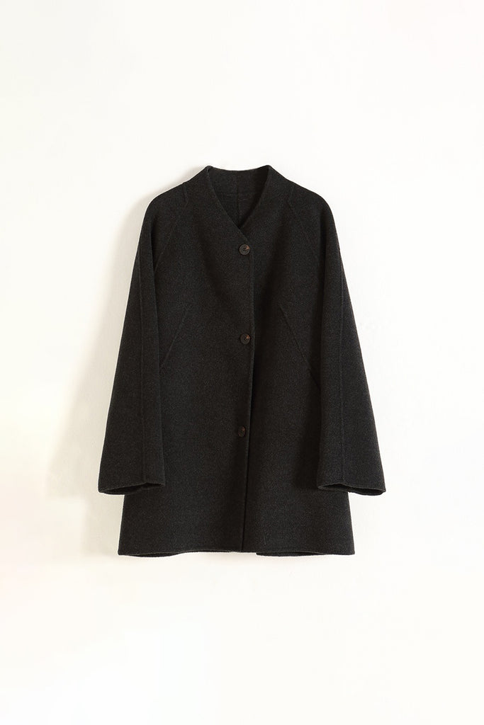 Collarless Silk-Wool Double-Faced Midi Coat  Fibflx