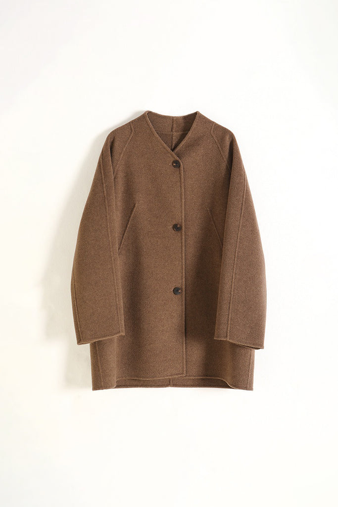 Collarless Silk-Wool Double-Faced Midi Coat  Fibflx