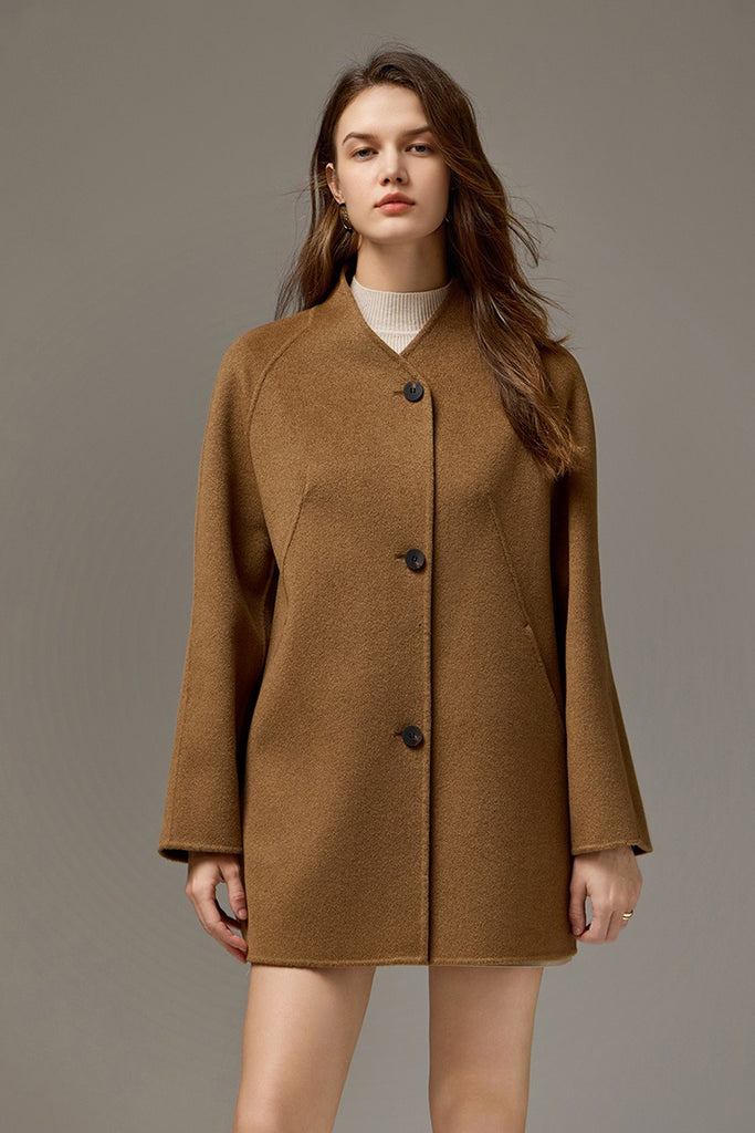 Collarless Silk-Wool Double-Faced Midi Coat  Fibflx
