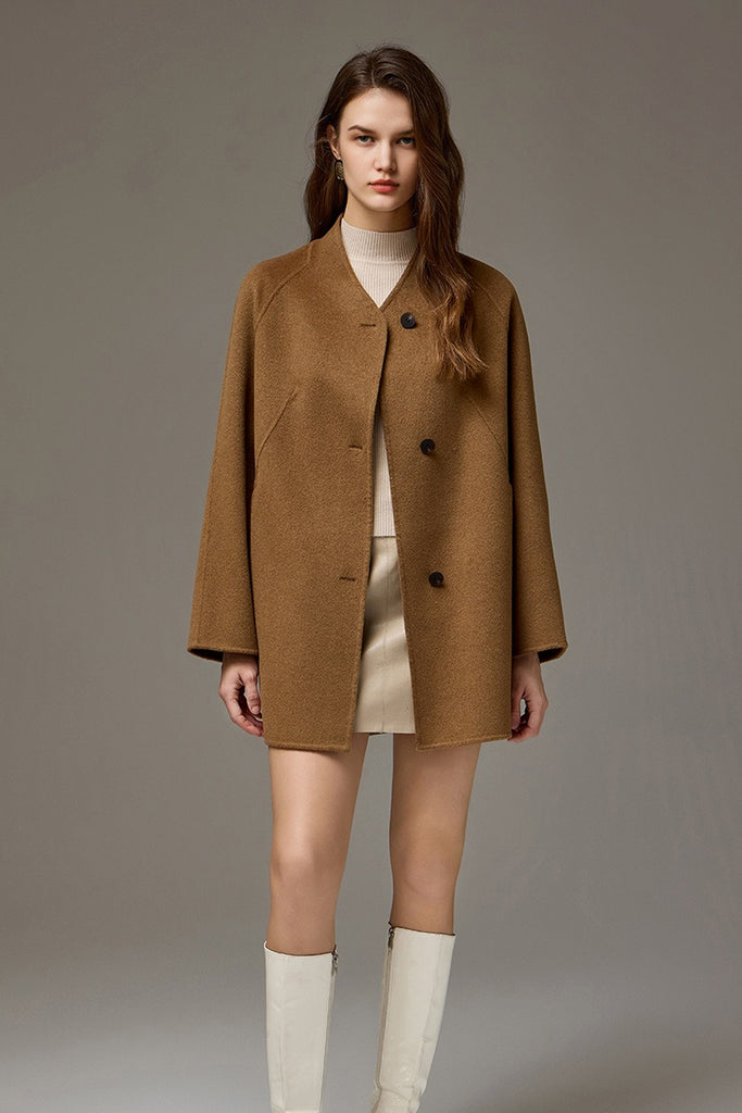 Collarless Silk-Wool Double-Faced Midi Coat  Fibflx