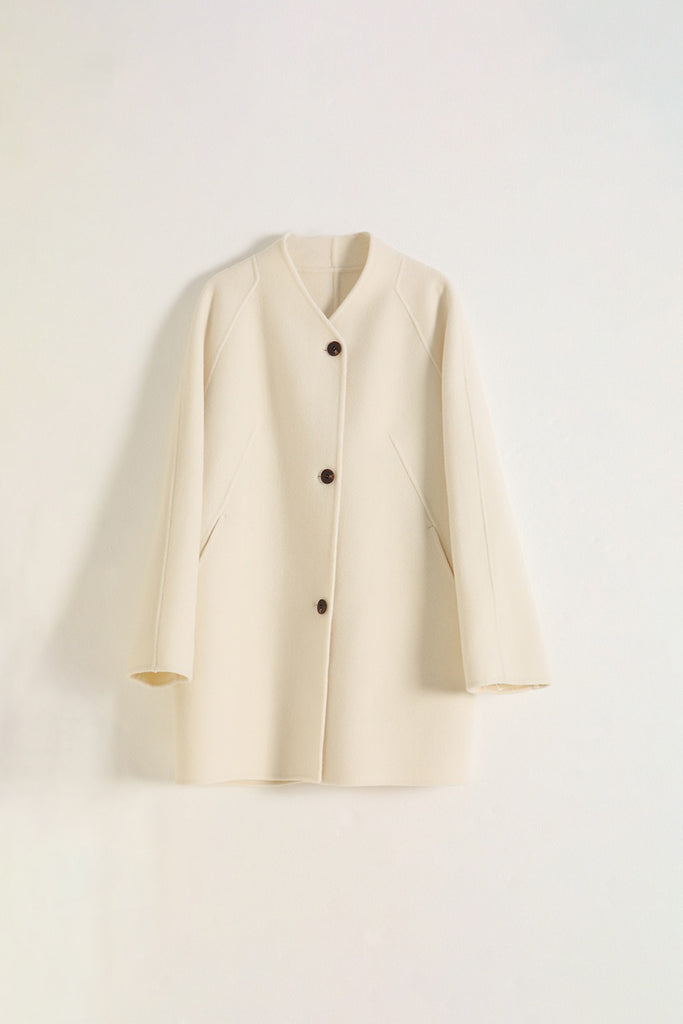 Collarless Silk-Wool Double-Faced Midi Coat  Fibflx