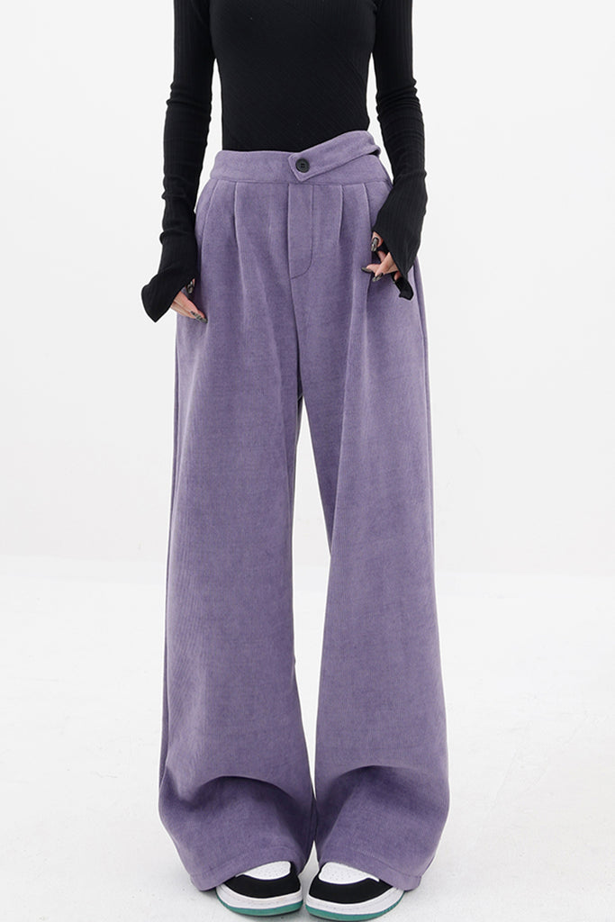 Corduroy Fleece-Lined Pleated Wide-Leg Pants in Purple Lilac Purple / M Fibflx