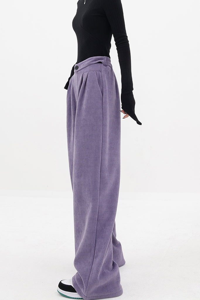 Corduroy Fleece-Lined Pleated Wide-Leg Pants in Purple  Fibflx