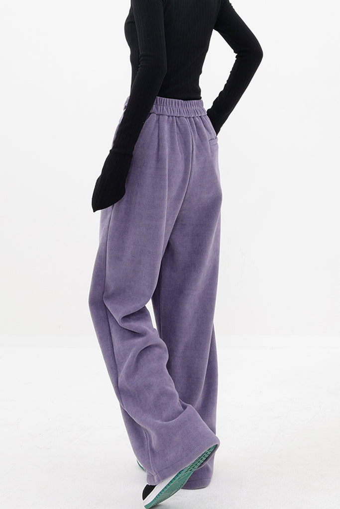 Corduroy Fleece-Lined Pleated Wide-Leg Pants in Purple  Fibflx