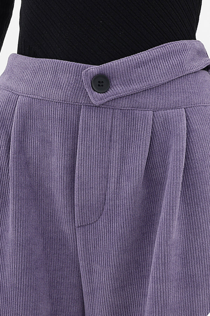 Corduroy Fleece-Lined Pleated Wide-Leg Pants in Purple  Fibflx