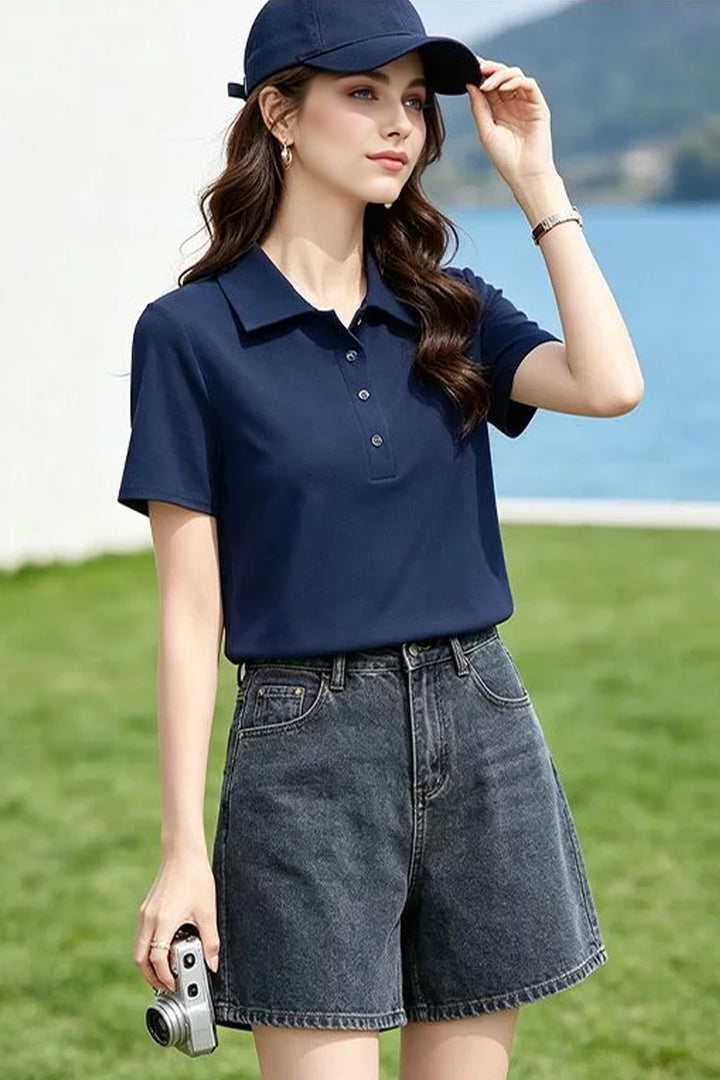 Cotton Short-Sleeve Slim-Fit Polo T-Shirt With Silver-Tone Button  Fibflx