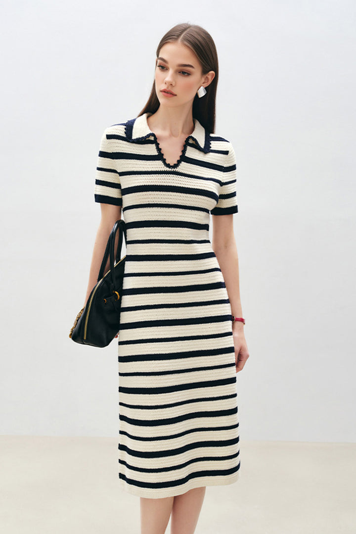 Crochet Black & White Striped Polo Midi Dress XS / Ivory N Black Stripes / 95.7% cotton 0.3% spandex 4.0% polyester