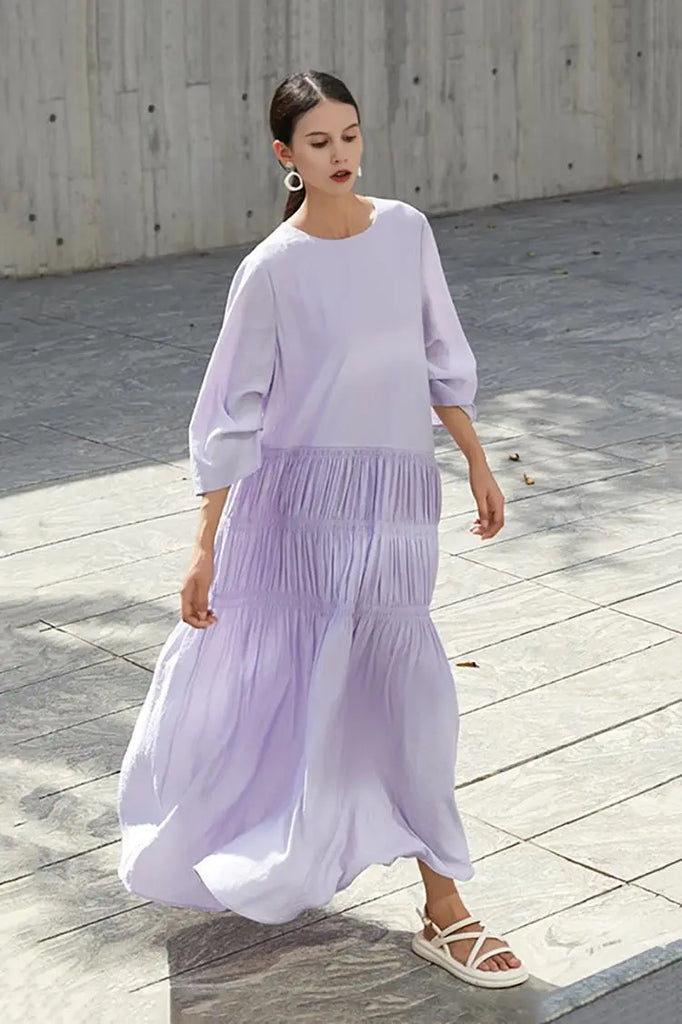 Cotton Tiered Long Sleeve Maxi Dress Lilac Purple / L Fibflx