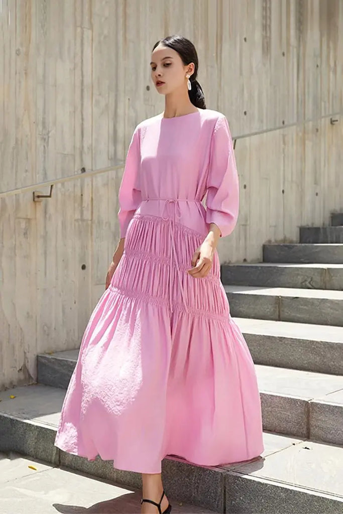 Cotton Tiered Long Sleeve Maxi Dress Pink / L Fibflx