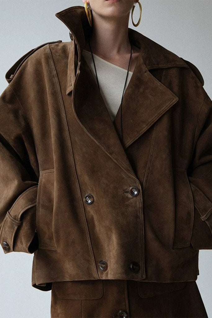 Cowhide Suede Double-Breasted Short Trench Jacket  Fibflx