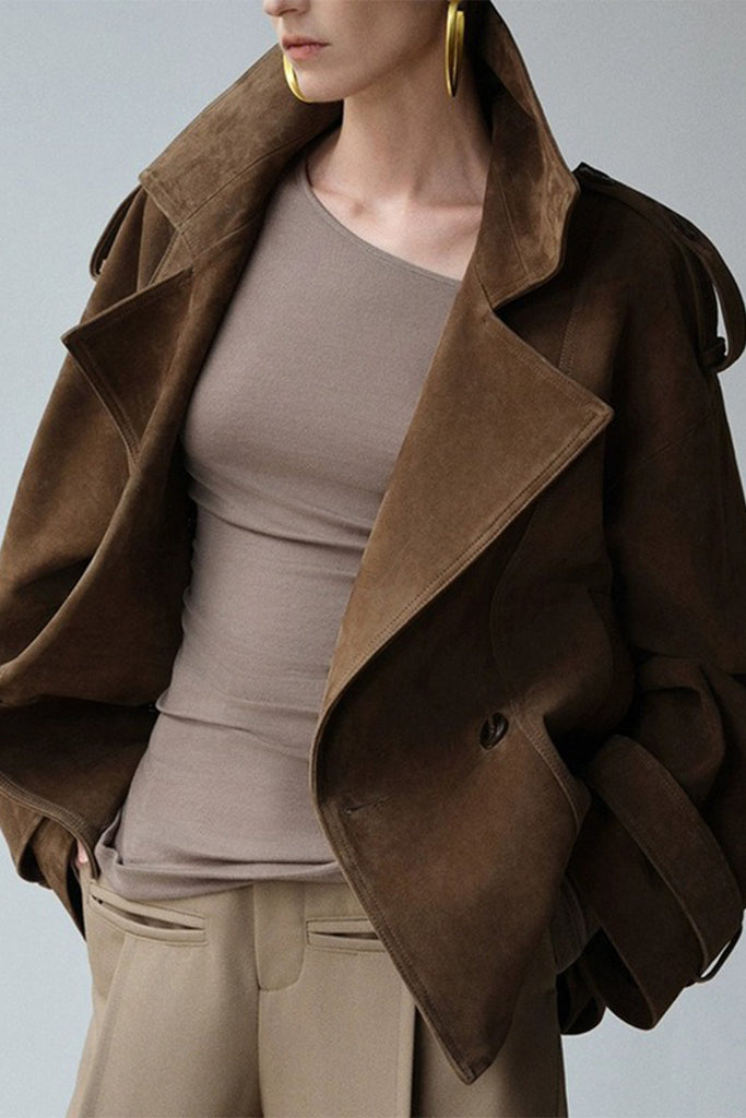 Cowhide Suede Double-Breasted Short Trench Jacket  Fibflx